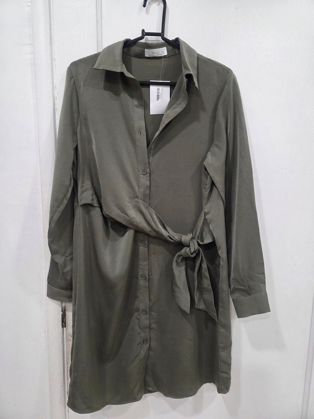 Oak + Fort Olive Green Button Up Tie-Waist Shirt Dress Xsmall